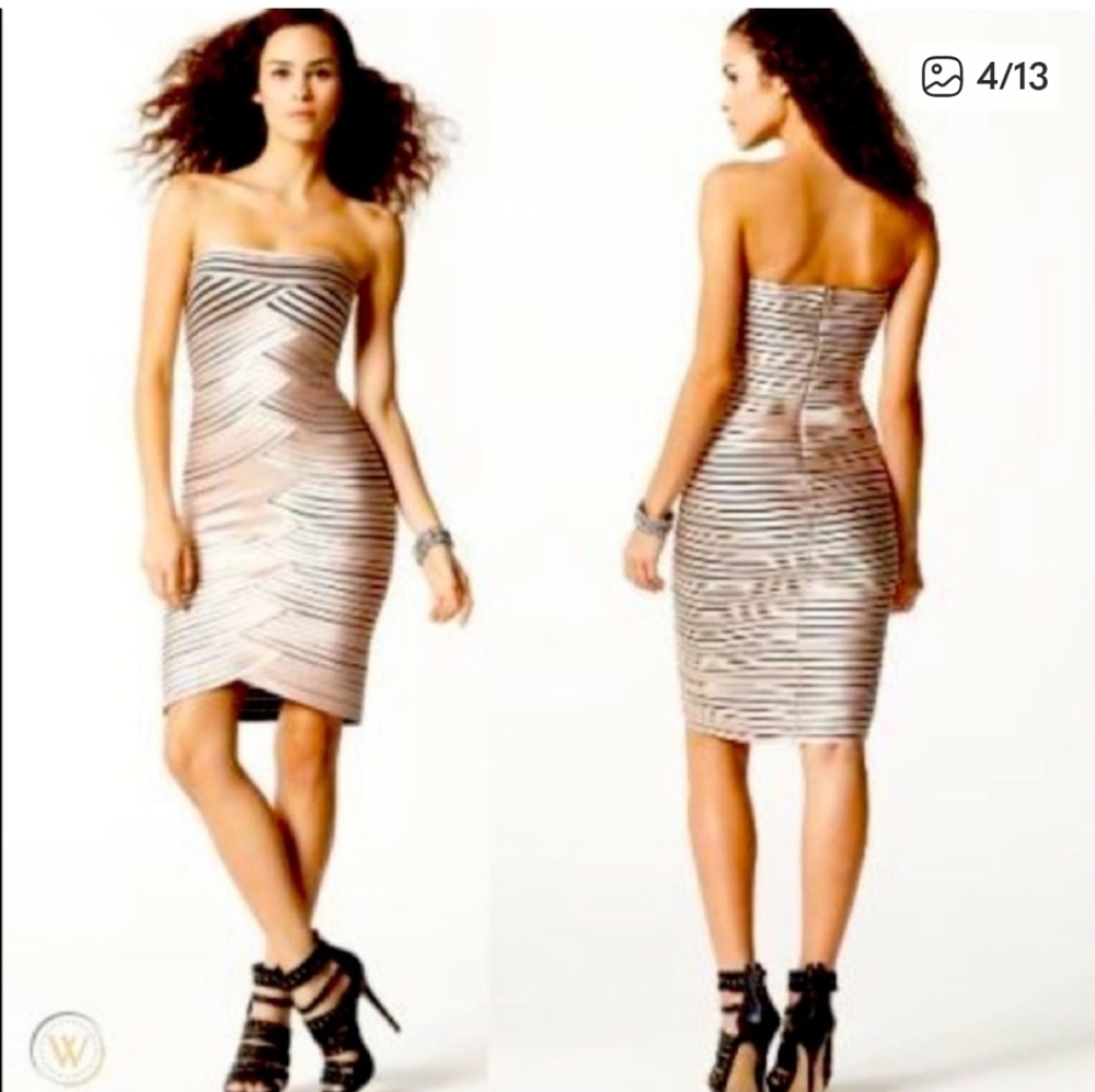 BCBGMaxAzria Strapless Bandage Dress with Champagne and Black Stripes